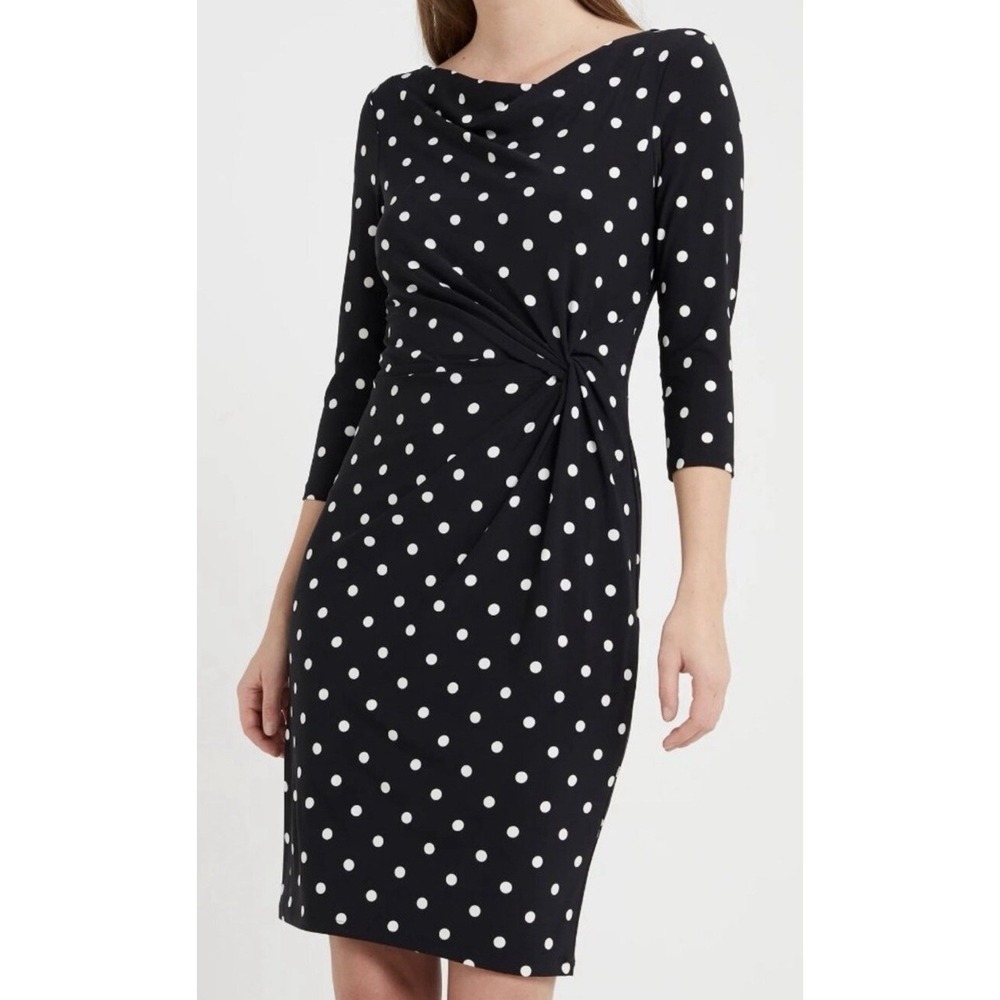 Ralph Lauren Dress 10 Black White Polka Dot Twist Front Jersey Shift Office Work